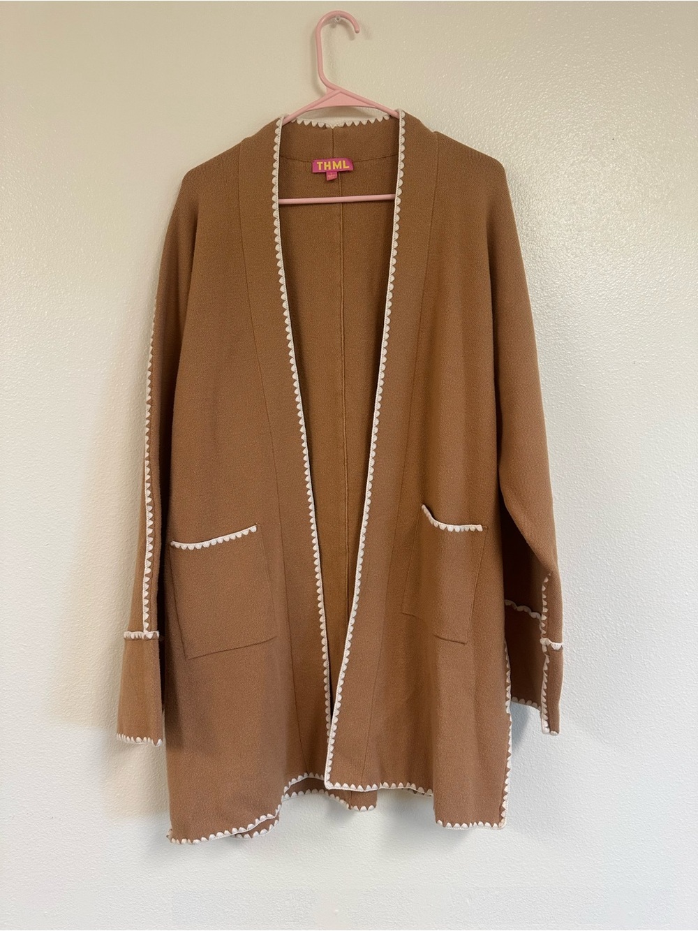 THML Camel Brown Cardigan w/ White Contrast Trim